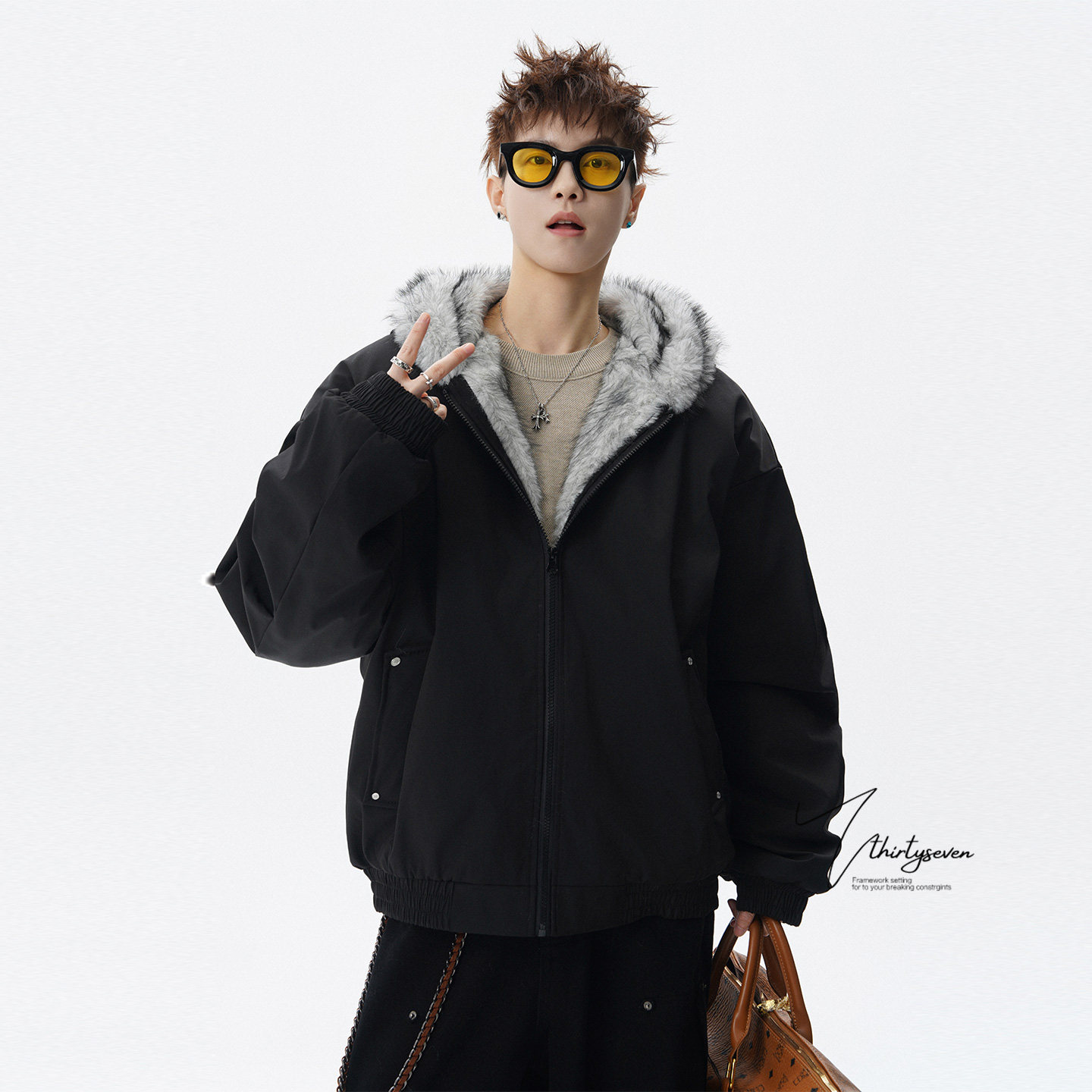 V37美式高级感仿貂毛座山雕外套男冬潮牌痞帅大毛领连帽夹克棉服