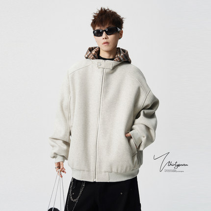 V37美式重磅格纹拼接毛呢夹克棉服男冬季宽松氛围感保暖连帽棉衣