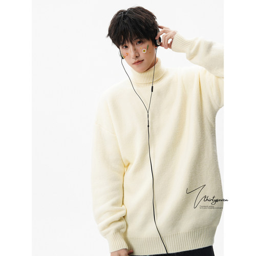 潮牌纯色加绒加厚高领毛衣男冬