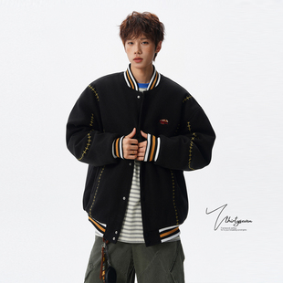 V37美式 潮牌设计感刺绣保暖情侣外套 高街运动风棒球服棉衣男冬季