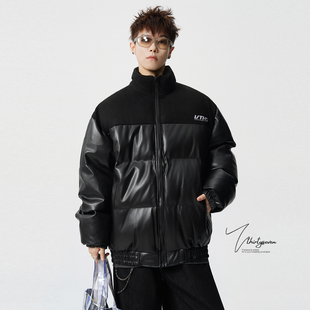 候面包棉服 高街潮牌青少年季 V37美式 刺绣PU皮拼接棉衣外套男冬季