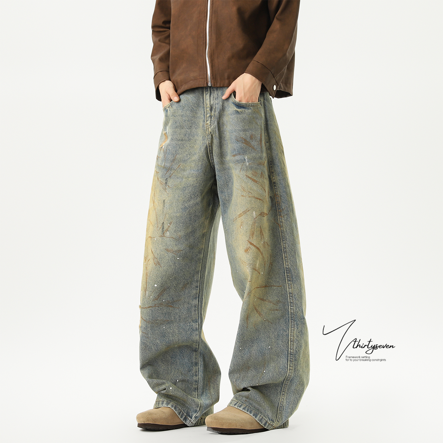 美式复古水洗泼墨弯刀牛仔裤男冬