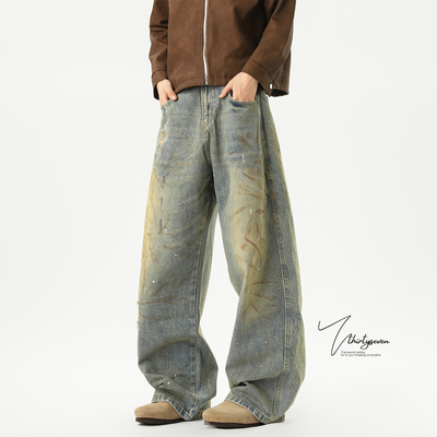 美式复古水洗泼墨弯刀牛仔裤男冬