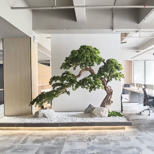 高端新中式造景纯手工雕刻迎客松