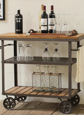 美式铁艺实木复古餐车带轮手推车餐盘收集车酒店KTV酒水车餐边柜