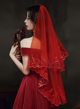 红色头纱新娘红盖头结婚纱复古风中式秀禾汉服半透明网纱蒙头喜帕
