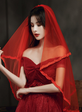红色头纱新娘主婚纱结婚蕾丝长款复古拍照道具短款秀禾服盖头头饰