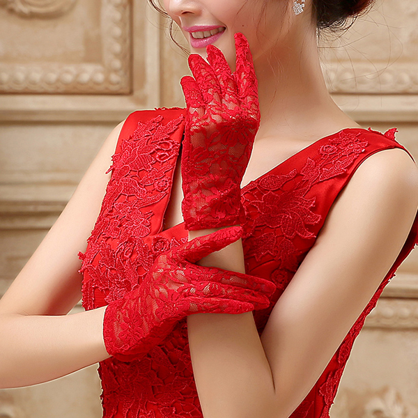 新娘手套红色长款婚纱礼服旗袍