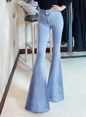 2025秋季音率原创新品浅蓝色高腰双排扣加长大鱼尾喇叭牛仔裤欧美