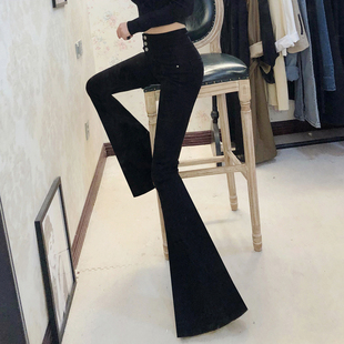 新款 黑女 秋冬音率原创显瘦高腰加绒提臀收腹牛仔大喇叭鱼尾加长裤