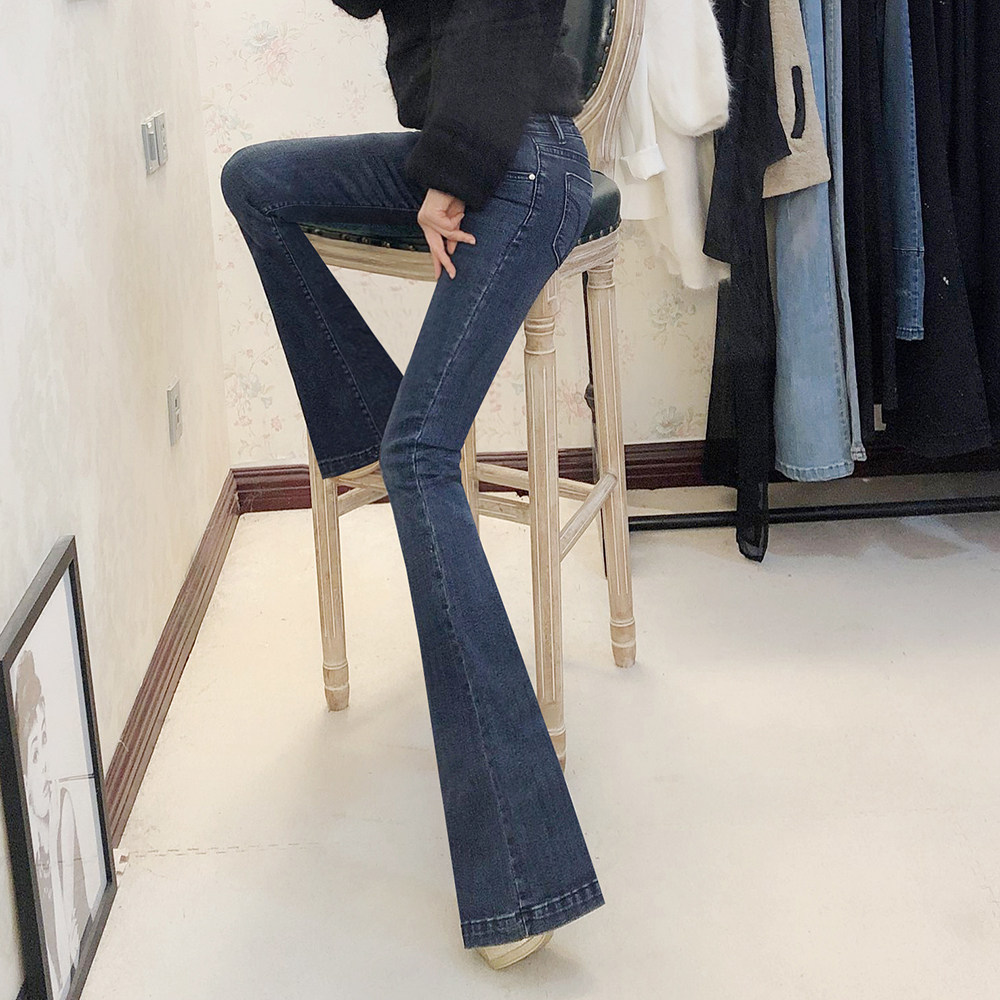 2026春季音率新款深蓝色欧美提臀低腰微喇叭牛仔裤潮韩版女长裤