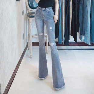 2025秋季音率原创新高腰磨破显瘦浅蓝大喇叭裤鱼尾水洗毛边牛仔裤