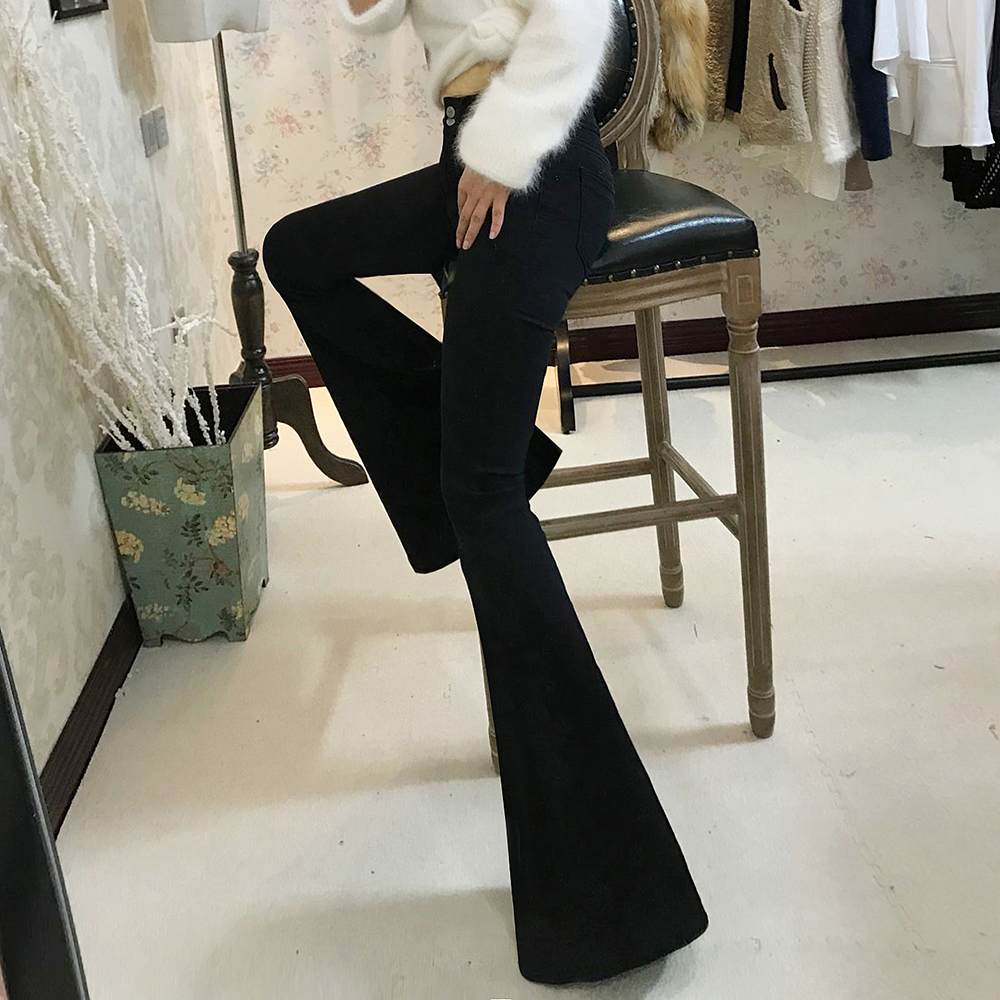 2025春季新款纯黑白中高腰鱼尾大喇叭牛仔裤显瘦韩版女士加长裤子