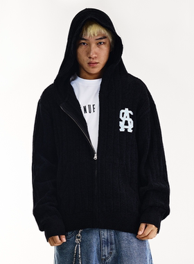 AVENUESON大道之子2025双色贴布绣LOGO连帽针织保暖外套开衫