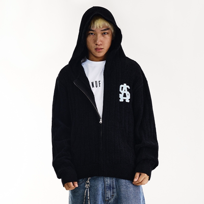 AVENUESON大道之子2025双色贴布绣LOGO连帽针织保暖外套开衫