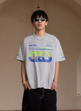 AVENUESON大道之子2025灰色赛车速度主题字体印花纯棉短袖T恤