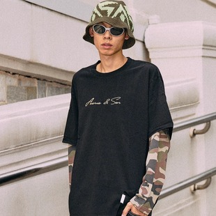 AVENUESON大道之子2025双色手写LOGO字迷彩拼接假两件纯棉长袖 T恤