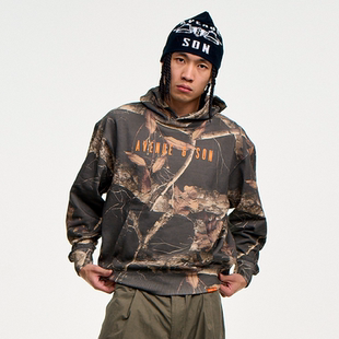 AVENUESON大道之子2025秋冬黑色树枝迷彩套头连帽卫衣帽衫