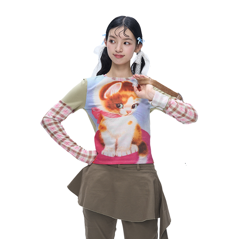 MOF礼物商店 坐垫猫格纹拼网纱长袖修身打底可爱辣妹T恤