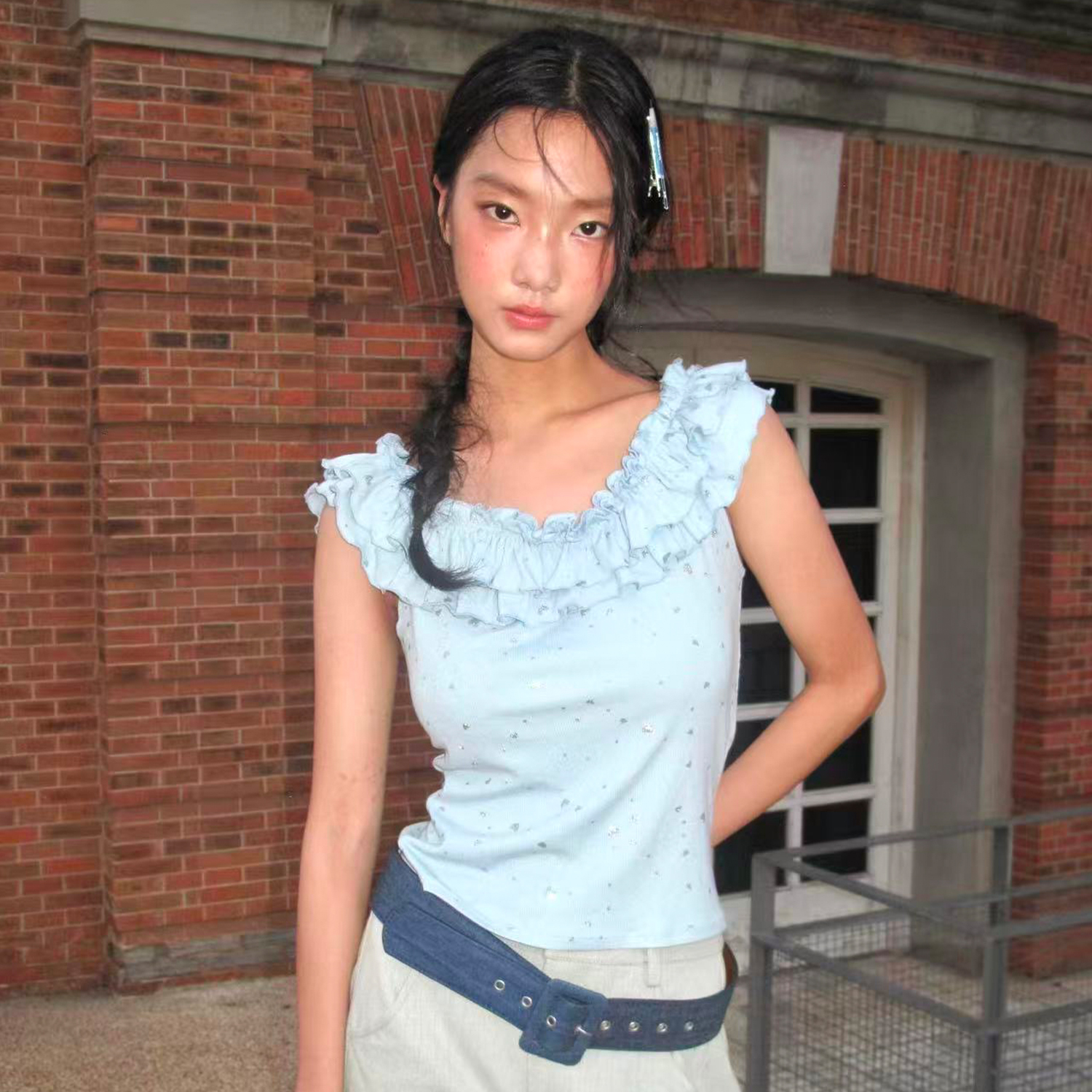 MOF礼物商店 蓝色波浪边两穿T恤