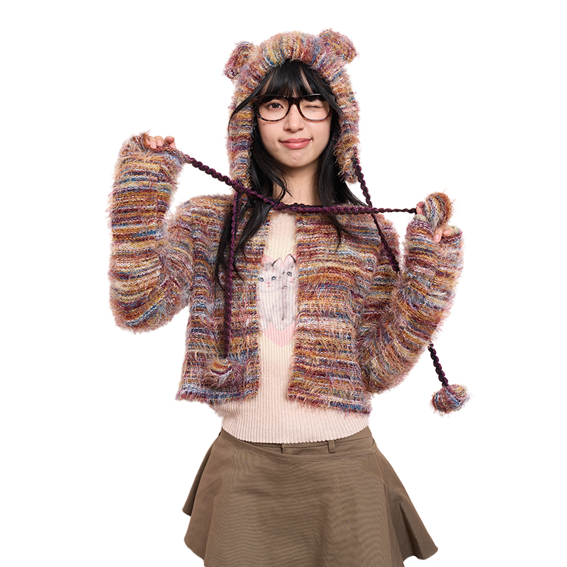 毛绒针织条纹毛球开衫