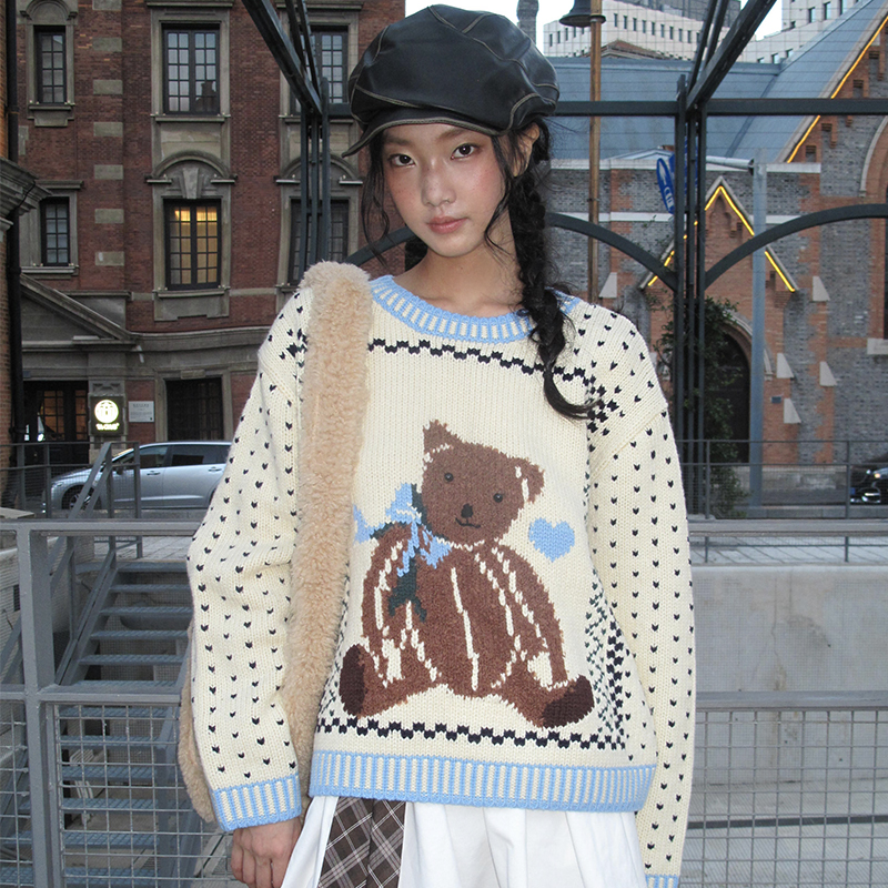 MOF礼物商店 米色蓝爱心波点棕色提花小熊毛衣