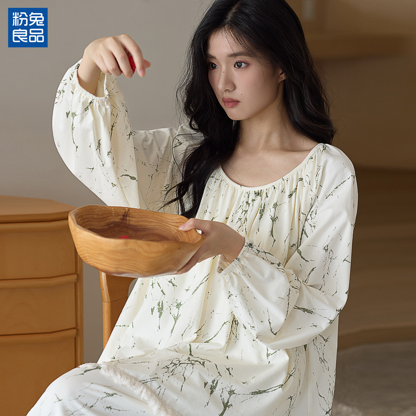 粉兔良品 女款 大码睡衣春秋季100纯棉长袖带胸垫2025新款家居服