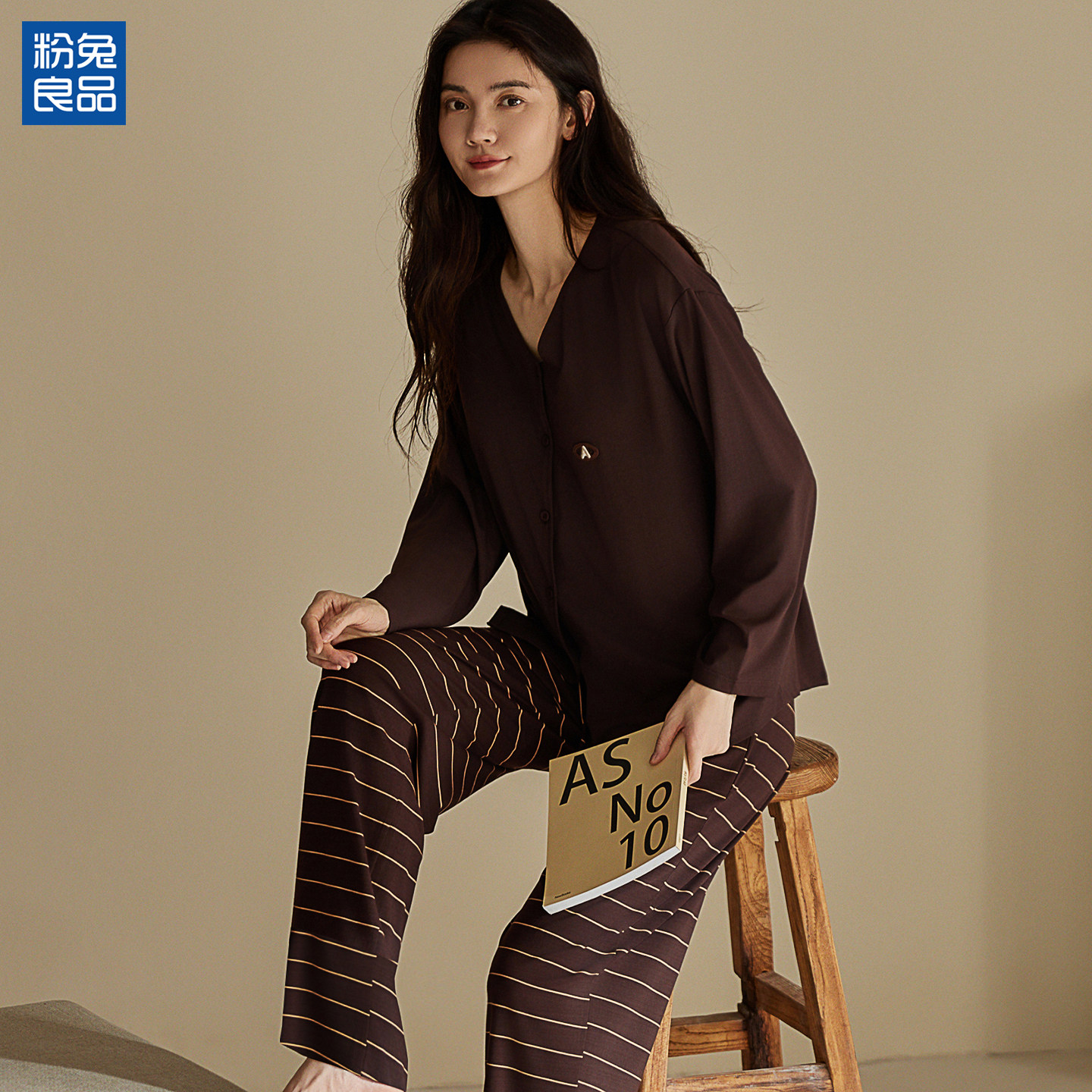 粉兔良品 女款 睡衣春秋季100纯棉无印长袖自带胸垫家居服防凸点