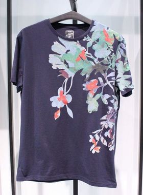 SELECTED思莱德青春流行旅游圆领碎花纯棉休闲蓝色短袖半袖T恤