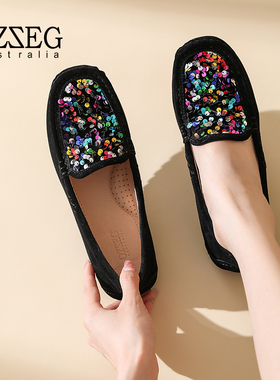 OZZEG豆豆鞋女2025新款春夏真皮软底孕妇懒人一脚蹬平底妈妈单鞋