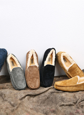 OZZEG豆豆鞋男秋冬季加绒加厚防滑开车鞋真皮保暖羊毛棉鞋Z5379