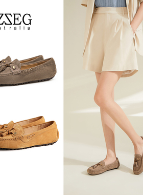 OZZEG豆豆鞋女真皮春夏秋新款单鞋流苏平底透气孕妇乐福鞋一脚蹬