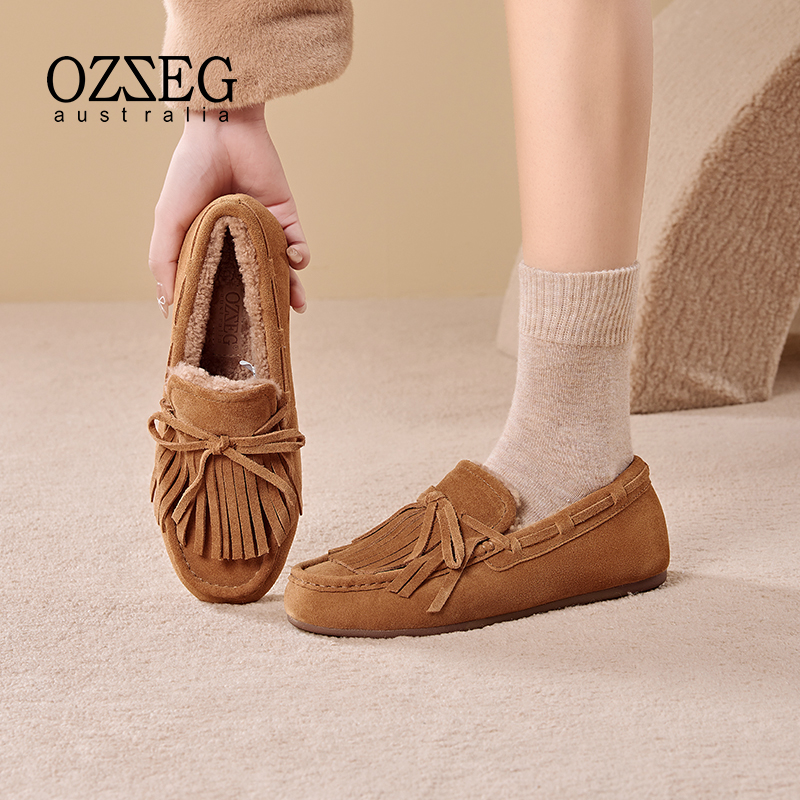 保暖波西米亚流苏乐福鞋真皮真毛