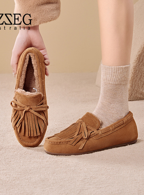 OZZEG澳泽格2025新款纯羊毛豆豆鞋女冬加绒保暖真皮百搭棉鞋23D05