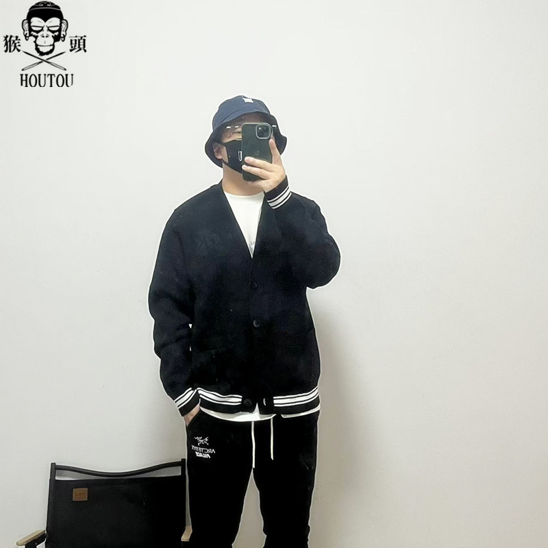 HOUTOU2025春款开衫针织衫男款字母V领情侣宽松休闲纯棉潮牌OK字