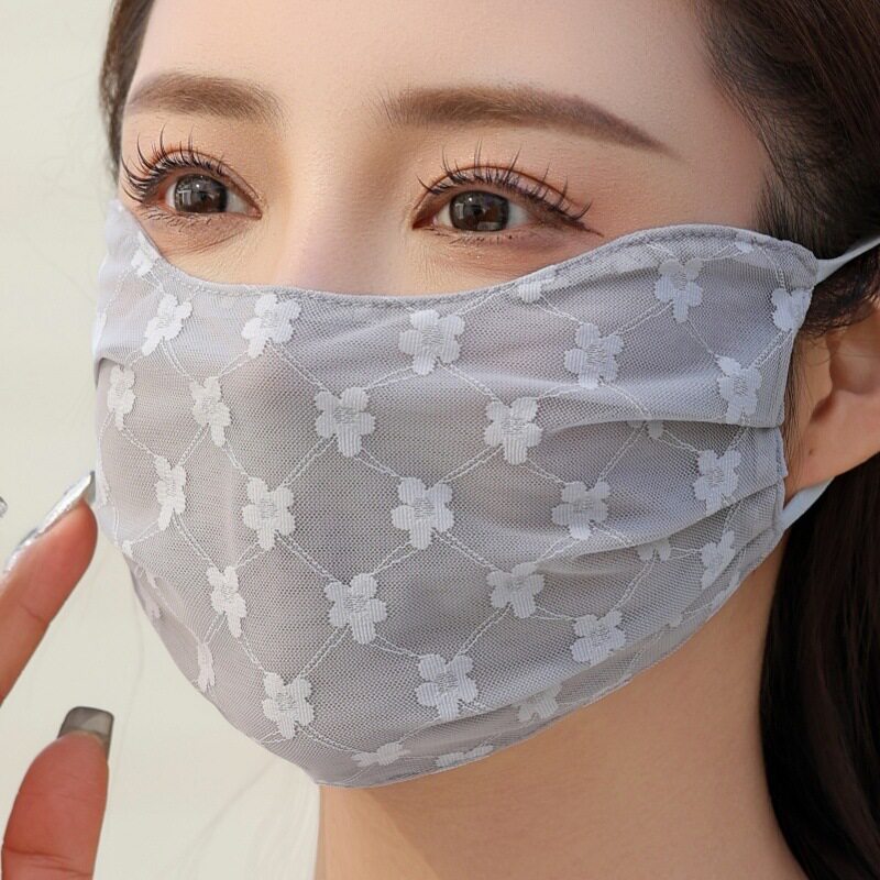 蕾丝防晒口罩女春夏新款时尚双层薄款透气户外骑行提花网纱面罩