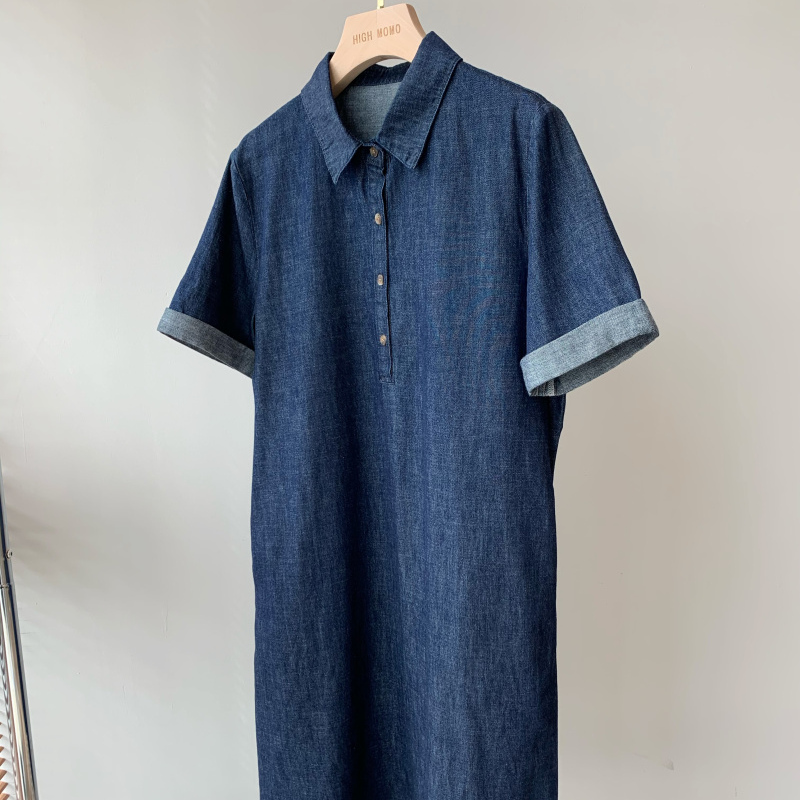 翻领A字直筒衬衫式牛仔连衣裙女