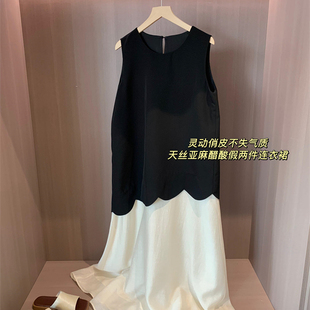WTHEONE靈動俏皮天絲亞麻醋酸輕盈寬松假兩件長款 背心連衣裙2025