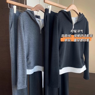 女秋冬新款 AMR 套装 高品质双面绒保暖显瘦连帽卫衣直筒阔腿裤