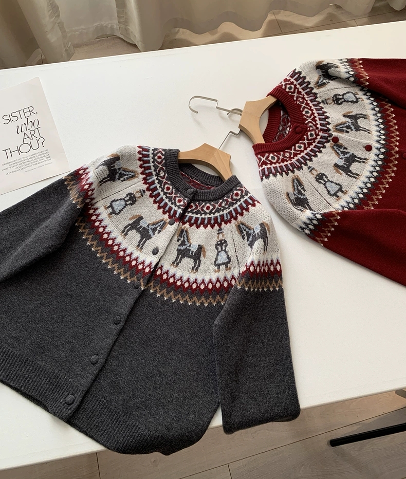 复古氛围感~加厚保暖羊毛 费尔岛提花圆领毛衣针织衫开衫上衣秋冬