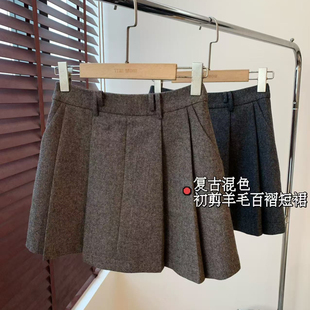 THEWOW 初剪羊毛柔软细腻色纺工艺宽边双腰袢百褶短裙 秋冬气质