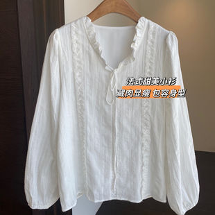 蕾丝拼接宽松显瘦长袖 法式 少女感小衫 上衣女早秋新 甜美 AMR