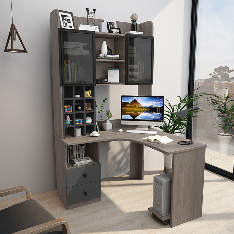 北欧简约拐角极简转角书桌书架实木书柜组合家用电脑桌一体学习桌