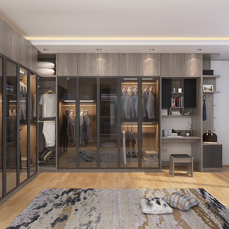 北欧玻璃门转角推拉门衣柜带梳妆台书桌一体组合卧室实木衣帽间