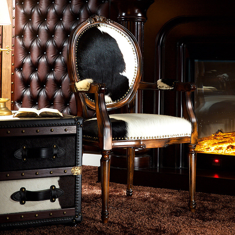 实木办公真皮靠背休闲单人餐厅复古椅奶牛 yx1032