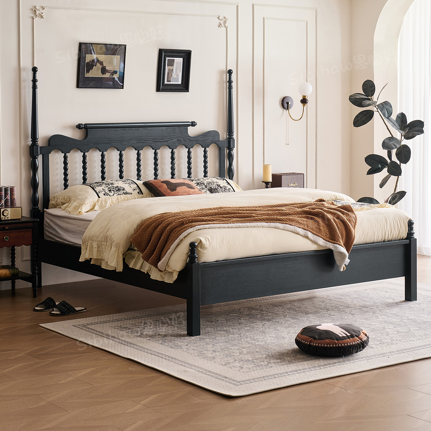 思必好法式中古风实木床白蜡木主卧大床温莎美式复古床1米8双人床