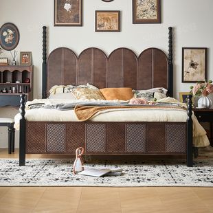 美式复古实木床白蜡木主卧1米8双人床法式中古风床高端大气婚床