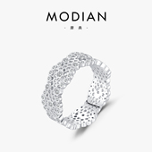 MODIAN摩典S925纯银镂空蕾丝闪耀蜂巢戒指女时尚 设计感宽面指环