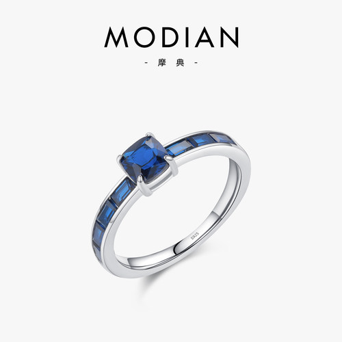 摩典925银复古几何蓝色锆石戒指