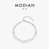 MODIAN摩典S925纯银光珠银豆豆手链女个性 蛇骨链双层叠戴风手饰